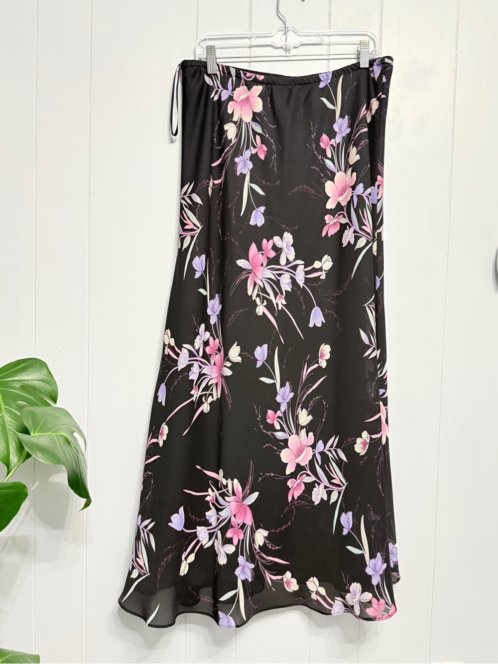 East 5th Black Maxi Skirt with Pink & Lavender Floral Print